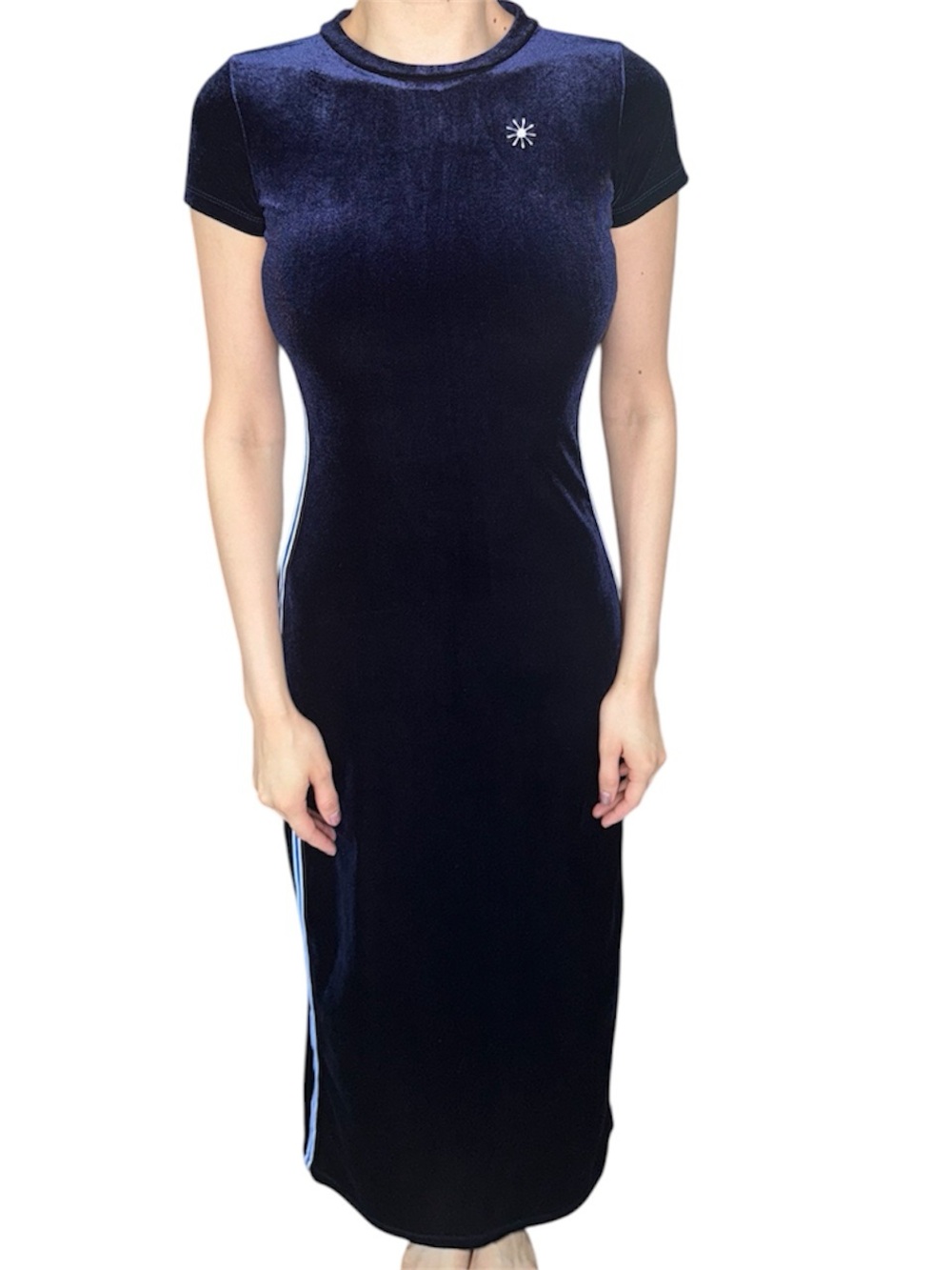 Navy Velvet Short-Sleeve Midi Dress